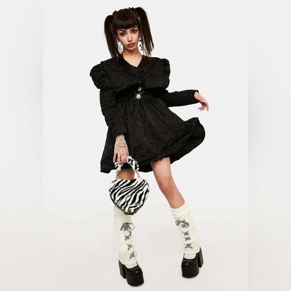 💔SOLD💔SISTER JANE Grange Jacquard Mini Dress Long Sleeve Rhinestone Button Black - Picture 4 of 14
